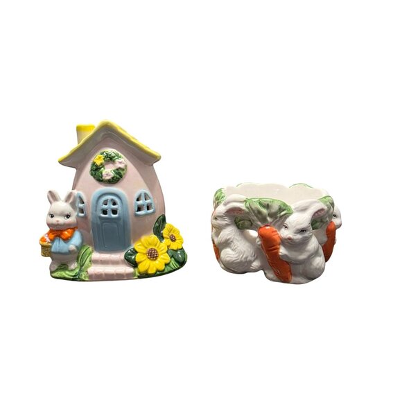 Ceramic Bunny House & Rabbit Carrot Bowl Easter Decor - Picture 1 of 10